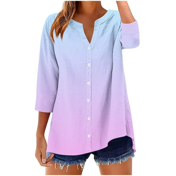 ShiShine Womens Gradient Color Shirts 3/4 Sleeve V Neck Button Down T-Shirts Casual Loose Fit Floral Printed Fall Going Out Blouses