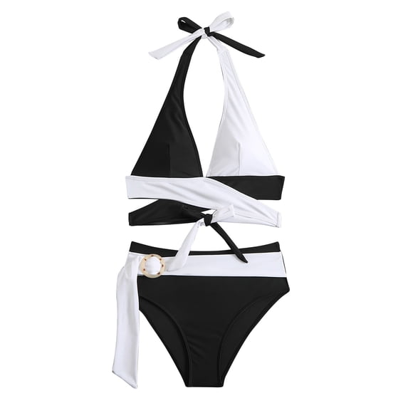 ShiShine Womens High Waisted Bikini Set Color Block Bathing Suit Push Up Halter Tummy Control Wrap 2 Piece Swimsuits