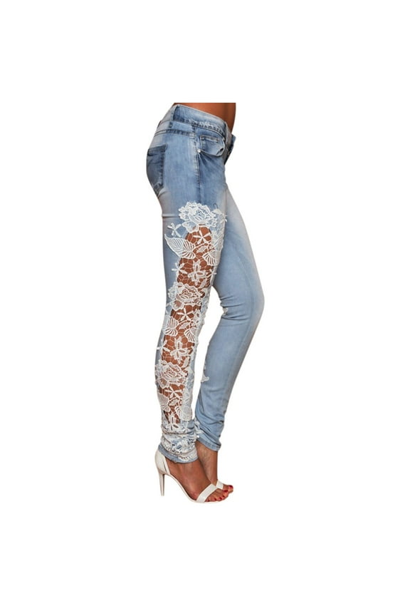 Womens Hollow Lace Denim Pants Skinny Jeans Floral Lace Jean Trendy Casual