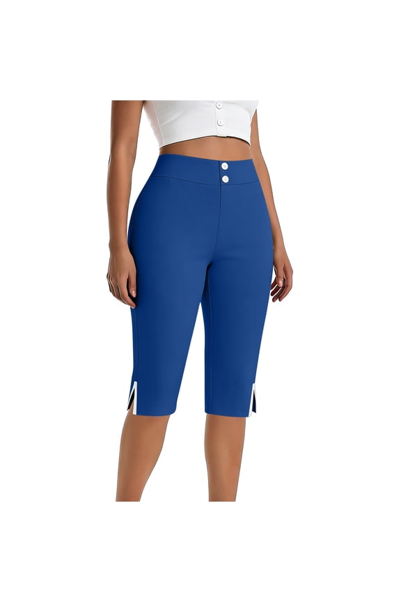Womens Knee Lenght Skinny Pencil Shorts Summer Elastic High Waisted Business Casual Bermuda Shorts with Pockets