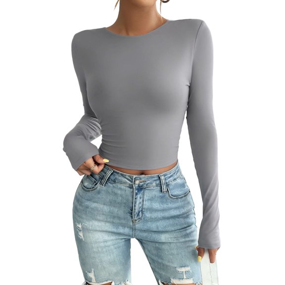ShiShine Womens Long Sleeve Crew Neck T Shirts Fashion Basic Crop Tops Going Out Outfits Clothes