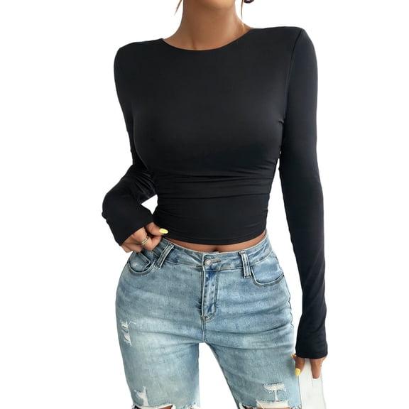 ShiShine Womens Long Sleeve Crew Neck T Shirts Fashion Basic Crop Tops Going Out Outfits Clothes