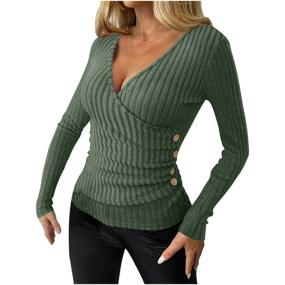 ShiShine Womens Long Sleeve Shirts V Neck Sexy Ribbed Slim Fit Button Sweater 2025 Fall Casual Tops