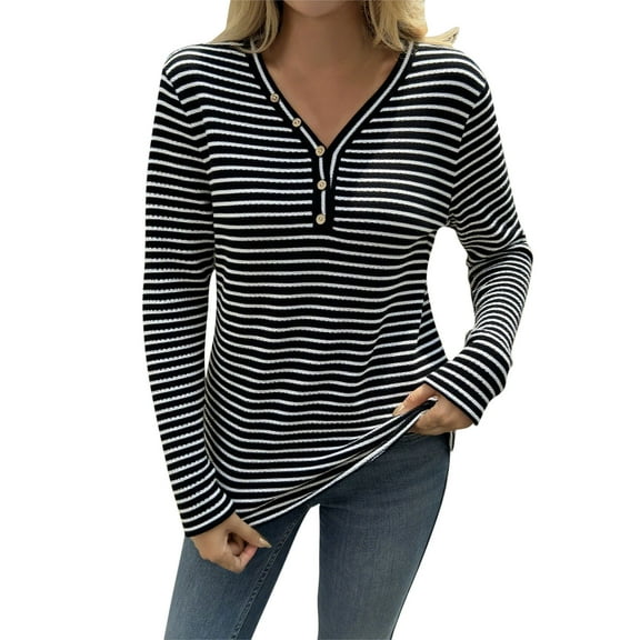 ShiShine Womens Long Sleeve Shirts V-Neck Striped Slim Fit Tops Casual Stretch Basic Tee Going Out Top Fall Fashion 2025
