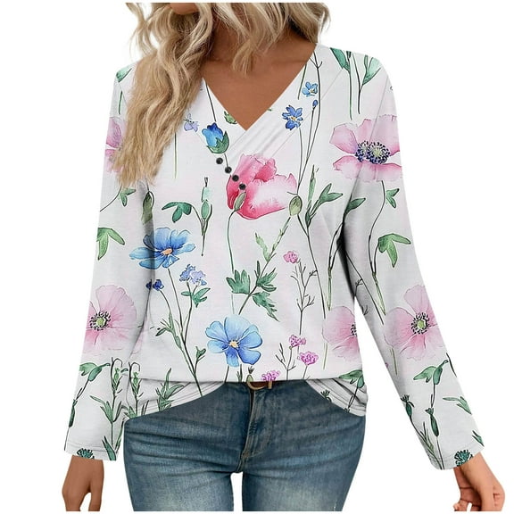 ShiShine Womens Long Sleeve Shirts V Neck Tunic Floral Printed Tops Business Casual Dressy Blouses