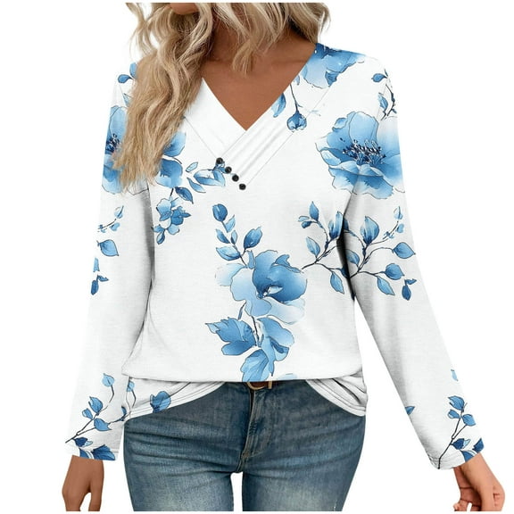 ShiShine Womens Long Sleeve Shirts V Neck Tunic Floral Printed Tops Business Casual Dressy Blouses