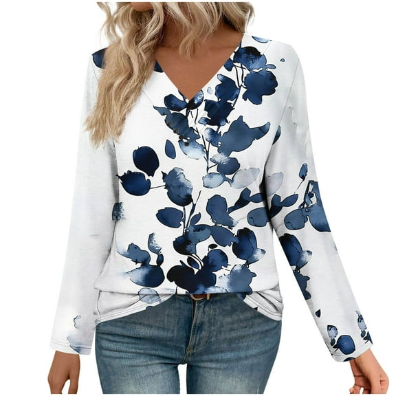 ShiShine Womens Long Sleeve Shirts V Neck Tunic Floral Printed Tops Business Casual Dressy Blouses