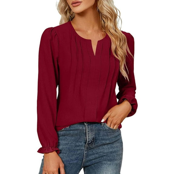 ShiShine Womens Long Sleeve Tops Dressy Puff Sleeve Casual Shirts V Neck Blouses Fall Outfits 2025
