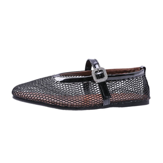 ShiShine Womens Mesh Mary Jane Flats Pointed Toe Rhinestone Buckle Strap Slip On Casual Dress Walking Sandals