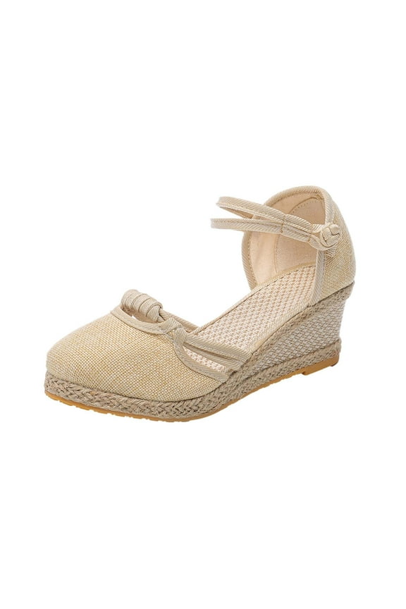 Womens Non-Slip Linen Espadrille Mary Janes Bow Ankle Strap Casual Patio Travel Shoes