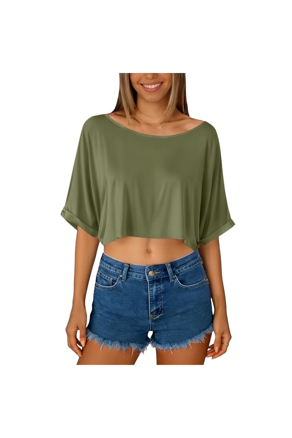 Womens Off Shoulder Batwing Short Sleeve Crop Top Rolled Cuff Loose Fit Soft Stretchy Casual Cropped Blouse