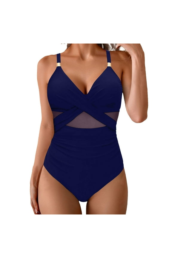 Womens One Piece Full Coverage Mesh Swim Suits Metal Modest Swimsuit Tummy Control Bathing Suit Slimming