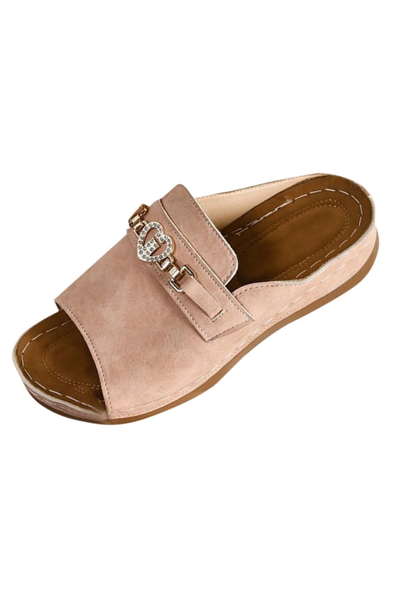 Womens Open Toe Slide Sandals Rhinestone Heart Buckle Detail Wedge Heel Casual Summer Outdoor Fashion Sandals