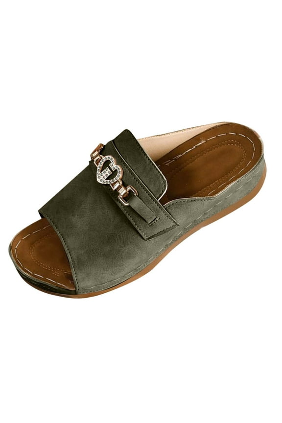 Womens Open Toe Slide Sandals Rhinestone Heart Buckle Detail Wedge Heel Casual Summer Outdoor Fashion Sandals