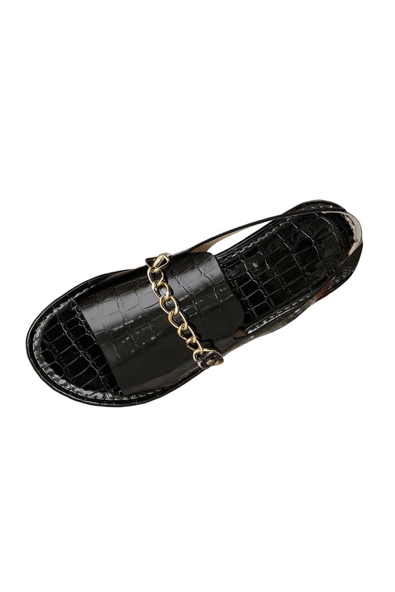 Womens Open Toe Slingback Sandals Embossed Upper Gold Metal Chain Decor Wide Vamp Strap Soft Cushioned Non Slip Flat Sole