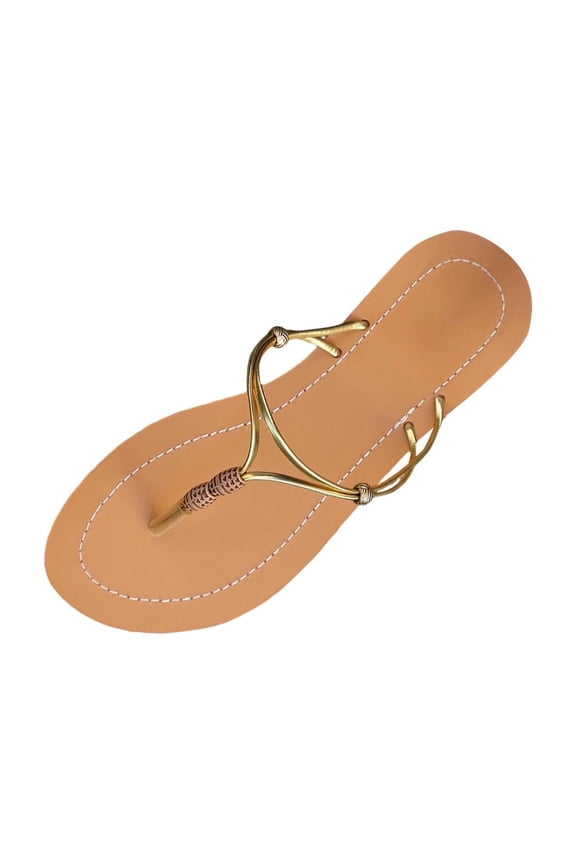 Womens Open Toe T Strap Sandals Metallic Thin Straps Woven Rope Tie Knot Lightweight Non Slip Flat Slippers