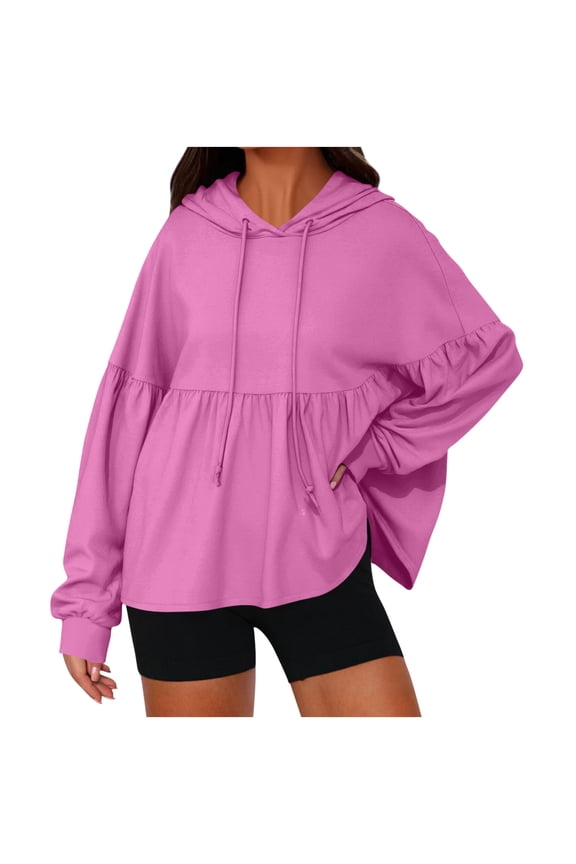 Womens Oversized Hoodies Sweatshirts Casual Lantern Long Sleeve Drawstring Peplum Hem Loose Hooded Pullover Tops