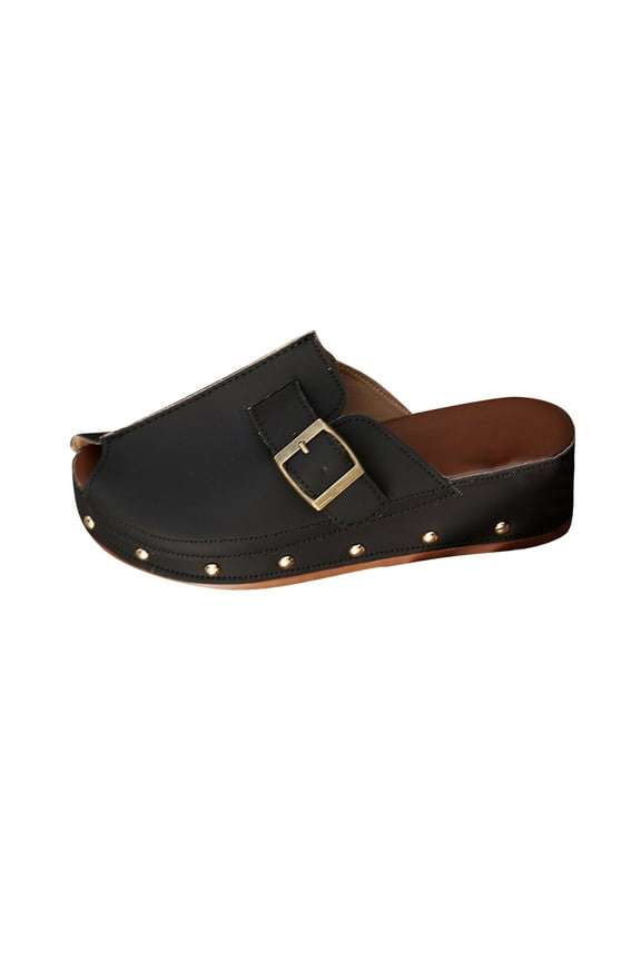 Womens Peep Toe Buckle Accent Studded Platform Mules Breathable Skin-Friendly Casual Summer Shoes