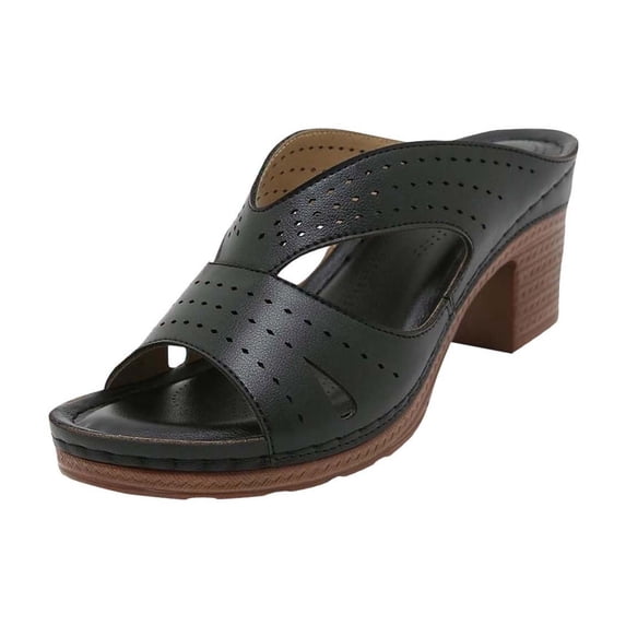 ShiShine Womens Perforated Cutout Chunky Heel Sandals Open Toe Slip On Lightweight Supportive Sandals