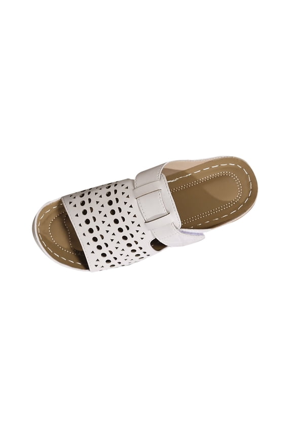 Womens Perforated Geometric Pattern Adjustable Strap Open Toe Flat Slide Sandals