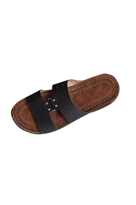 Womens Perforated Stud Detail Dual Strap Wedge Slide Sandals Summer Comfort Casual Fresh Shoes
