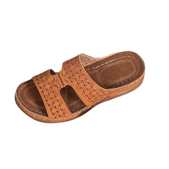 ShiShine Womens Perforated Stud Detail Dual Strap Wedge Slide Sandals Summer Comfort Casual Fresh Shoes