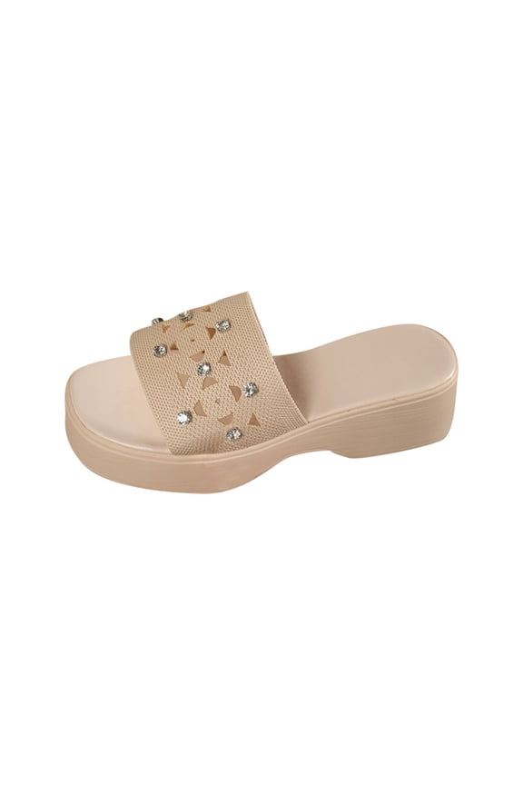 Womens Platform Slide Sandals Square Toe Rhinestone Embellished Perforated Slip On Casual Sandals