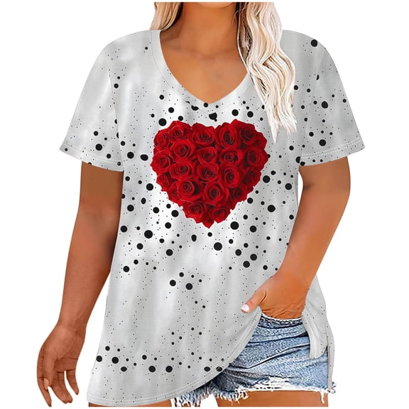 ShiShine Womens Plus Size Heart Printed Short Sleeve Tee Shirts Valentine's Day Loose V Neck Layer Blouse