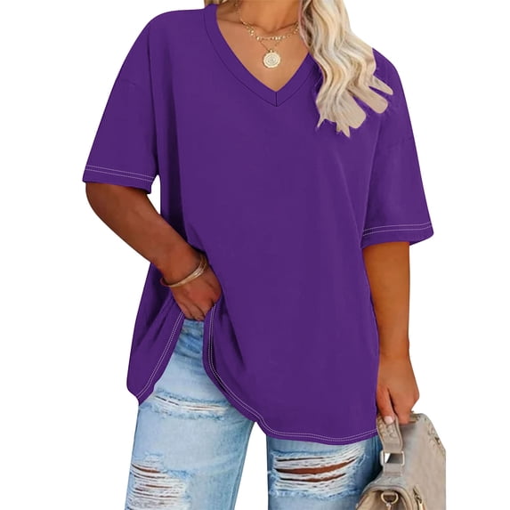ShiShine Womens Plus Size V Neck Short Sleeve Tshirts Oversize Solid Color Summer Basic Tee