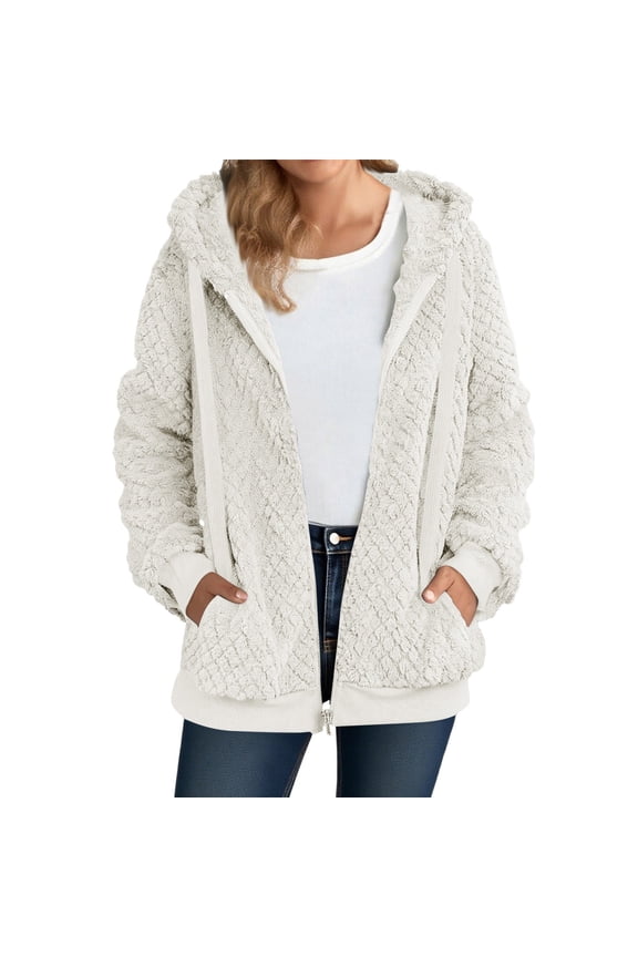 Womens Plush Jackets Winter Oversized Hoodie Zip Up Sweatshirts Outerwear Warm Coat with Pockets