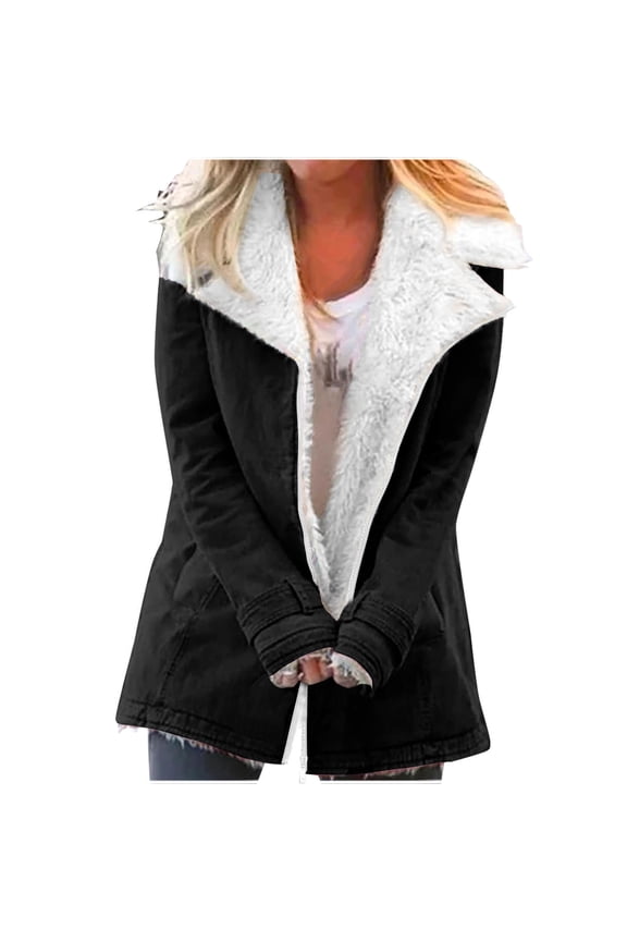 Womens Plush Warm Jacket Lapel Button Down Long Sleeve Warm Winter Coat