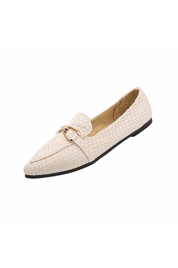 Womens Pointed Toe Flat Loafers Woven Slip On Shoes with Metal Buckle for Everyday and Work Use