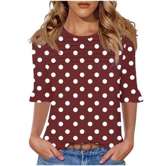 ShiShine Womens Polka Dot 3/4 Ruffle Sleeve Blouse Crewneck Ruched Shirts Casual Loose Tops