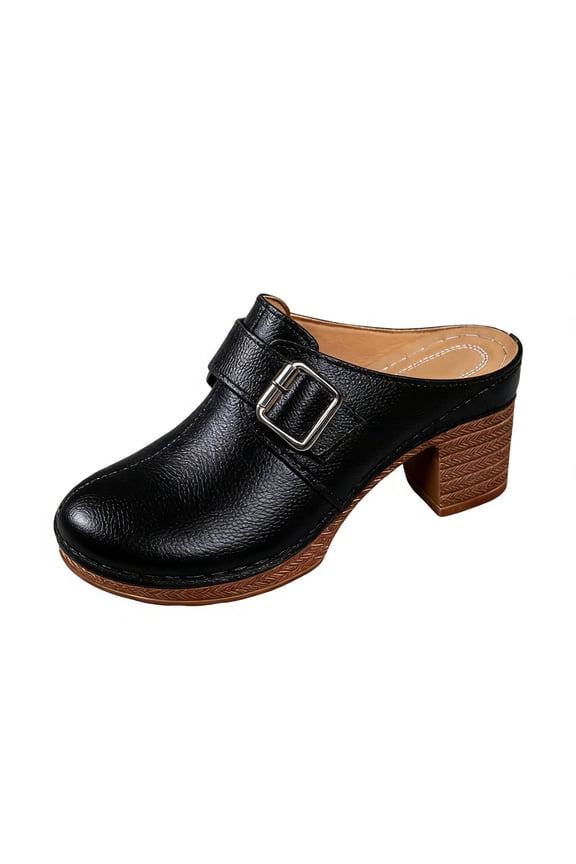 Womens Retro Platform Mule Clogs Chunky Block Heel Slip On Shoes with Metal Buckle Casual Daily Work Walking Closed Toe Sandals