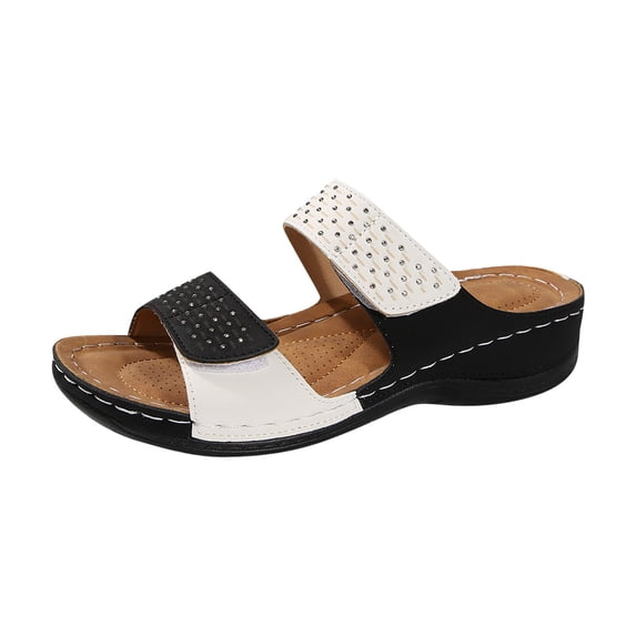 ShiShine Womens Rhinestone Dual Strap Orthopedic Wedge Slide Sandals Arch Support Cushioned Footbed Casual Shoes