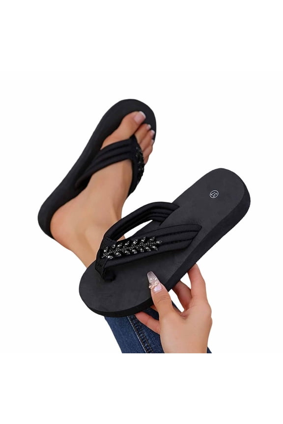 Womens Rhinestone Flip Flops Silver Leaf Thong Sandals Black Thick Sole Cushion Summer Beach Casual Slippers