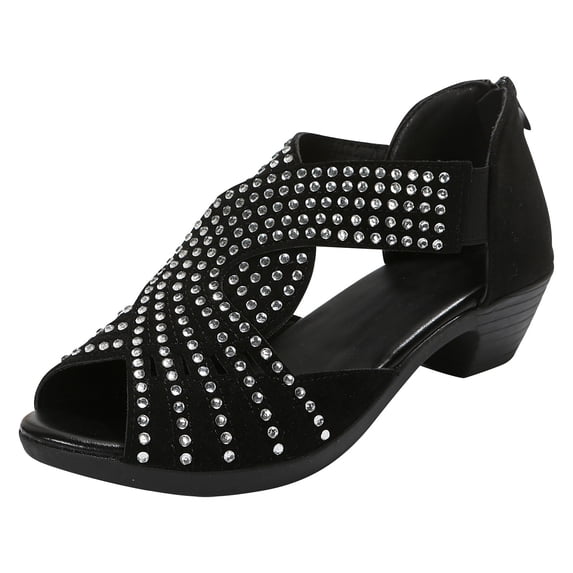 ShiShine Womens Rhinestone Low Heel Sandals Peep Toe Cutout Back Zipper Summer Sandals