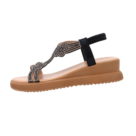 ShiShine Womens Rhinestone T-Strap Wedge Sandals Elastic Slingback Lightweight Summer Comfort Casual Shoes