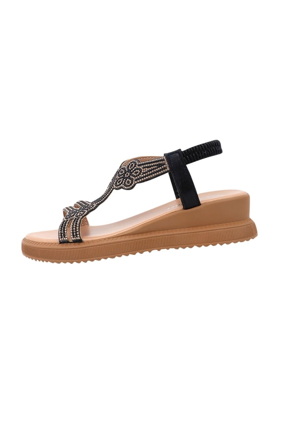 Womens Rhinestone T-Strap Wedge Sandals Elastic Slingback Lightweight Summer Comfort Casual Shoes