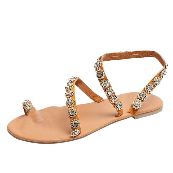 ShiShine Womens Rhinestone Toe Post Flat Sandals Multi Strappy Adjustable Ankle Strap Casual Summer Beach Walking Sandals
