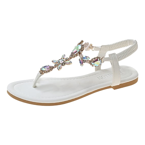 ShiShine Womens Rhinestone Toe Post Flat Sandals T Strap Elastic Back Casual Summer Beach Walking Sandals
