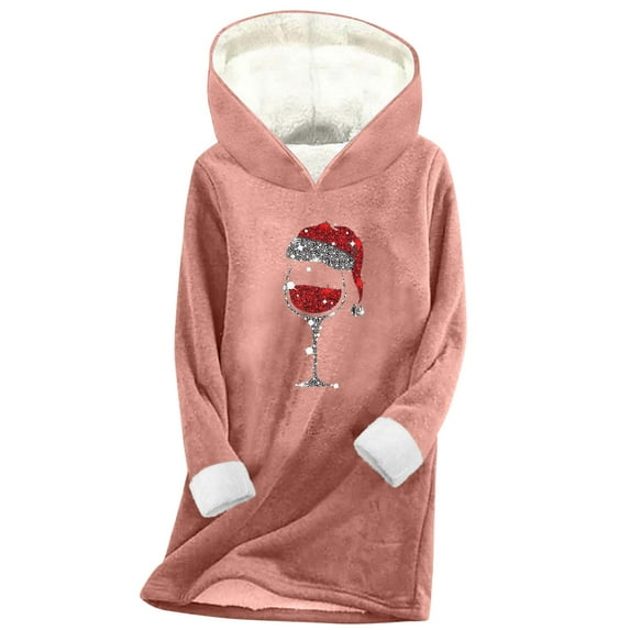 ShiShine Womens Sherpa Fleece Pullover Hoodie Christmas Wine Glass Santa Hat Glitter Print Long Hooded Top Winter Warm Loungewear