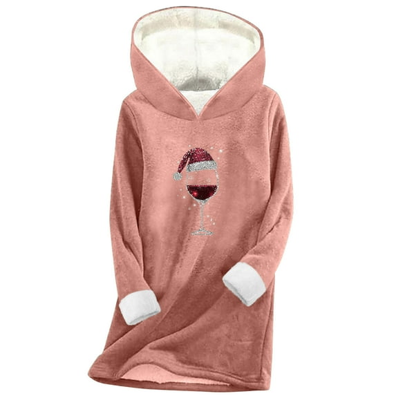 ShiShine Womens Sherpa Fleece Pullover Hoodie Christmas Wine Glass Santa Hat Glitter Print Long Hooded Top Winter Warm Loungewear