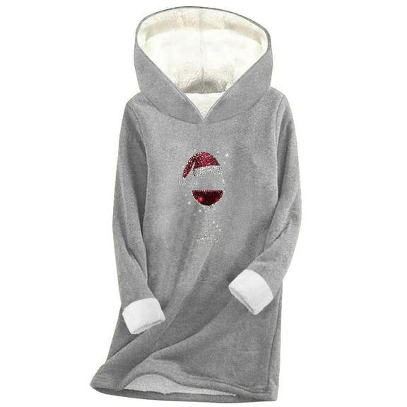 ShiShine Womens Sherpa Fleece Pullover Hoodie Christmas Wine Glass Santa Hat Glitter Print Long Hooded Top Winter Warm Loungewear