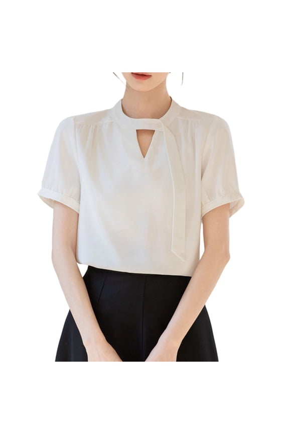 Womens Short Sleeve Mandarin Collar Keyhole Neck Tie Detail Solid Blouse Commuting Top