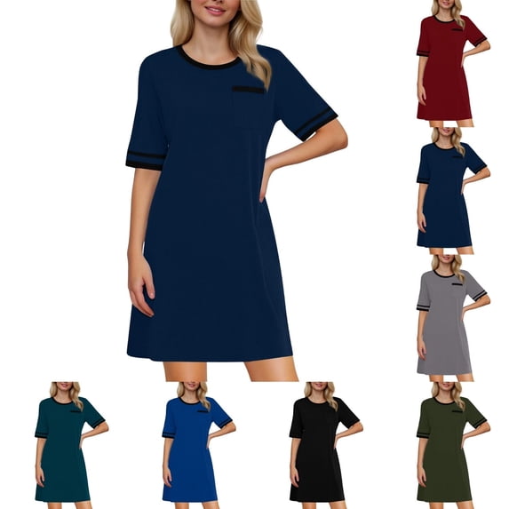 ShiShine Womens Short Sleeve Nightgown Casual Loose Fit Sleep Dress with Chest Pocket Striped Cuffs Soft Loungewear for Nightwear