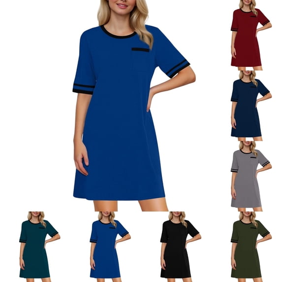 ShiShine Womens Short Sleeve Nightgown Casual Loose Fit Sleep Dress with Chest Pocket Striped Cuffs Soft Loungewear for Nightwear