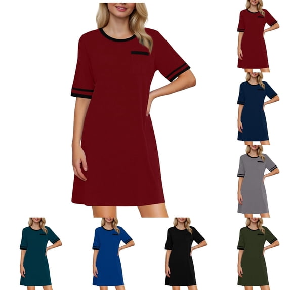 ShiShine Womens Short Sleeve Nightgown Casual Loose Fit Sleep Dress with Chest Pocket Striped Cuffs Soft Loungewear for Nightwear