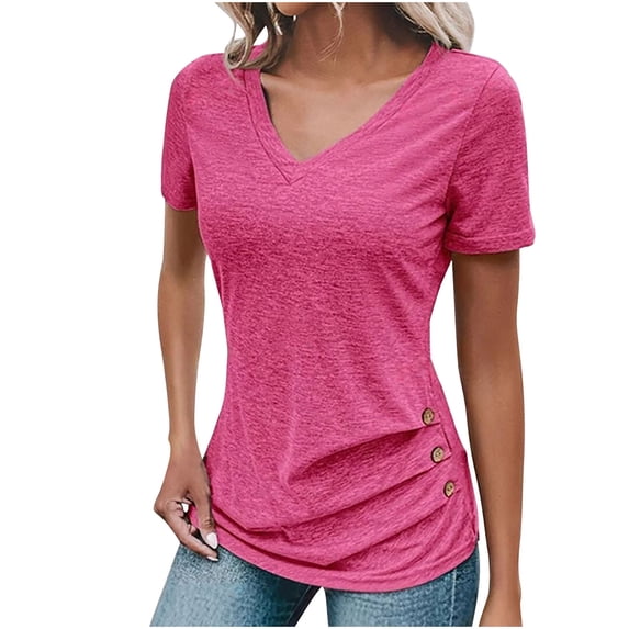 ShiShine Womens Short Sleeve V Neck Summer Shirts Casual Tunic Tops Loose Fit Ruched Button Side Blouse