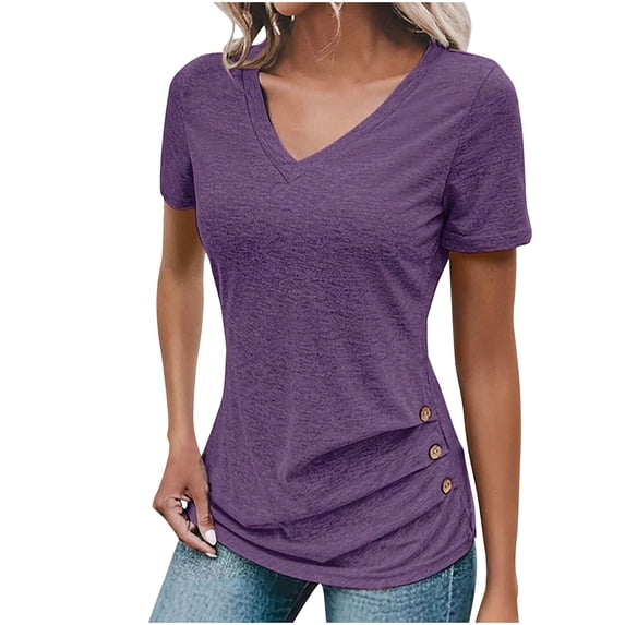 ShiShine Womens Short Sleeve V Neck Summer Shirts Casual Tunic Tops Loose Fit Ruched Button Side Blouse